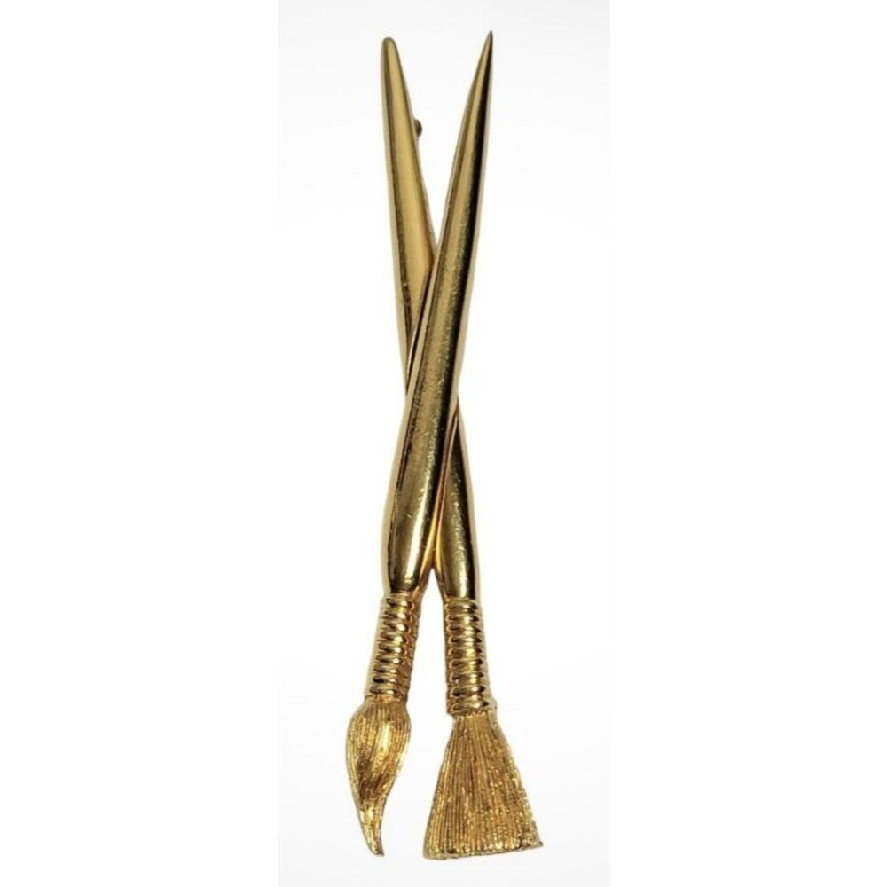 Carolee Vintage Gold Tone Paint Brushes Lapel Pin Scarf Clip Brooch Signed Art
